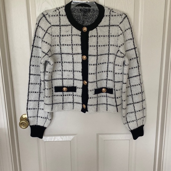 “Express” Chic plaid white/black sweater jacket with novelty buttons; XS; NWOT - Picture 10 of 13